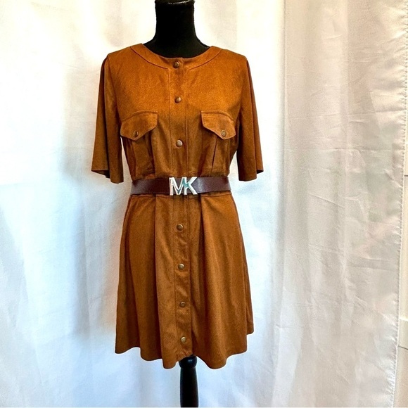 Zara Camel Brown faux suede short sleeve button front mini dress L - Picture 9 of 15